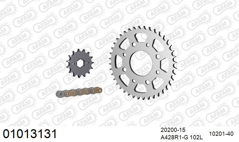 AFAM Reinforced Chain & Steel Sprocket Kit, 428 (OE Pitch) - Gold 102 link Reinforced chain, 15T steel/40T Steel sprockets