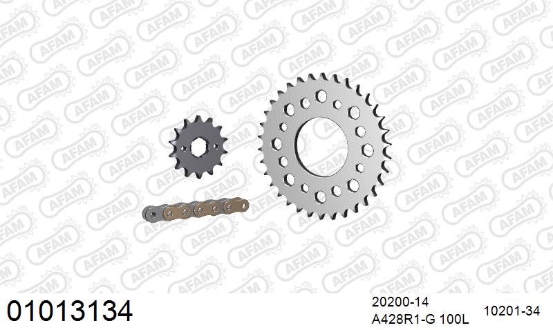 AFAM Reinforced Chain & Steel Sprocket Kit, 428 (OE Pitch) - Gold 100 link Reinforced chain, 14T steel/34T Steel sprockets