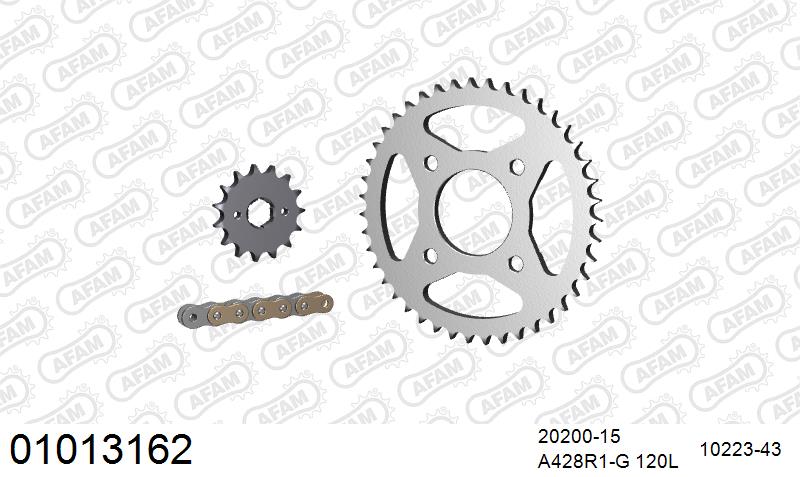 AFAM Reinforced Chain & Steel Sprocket Kit, 428 (OE Pitch) - Gold 120 link Reinforced chain, 15T steel/43T Steel sprockets
