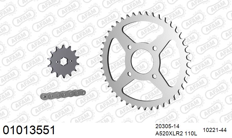 AFAM XS-ring standard Chain & Steel Sprocket Kit, 520 (OE Pitch) - Plain Steel 110 link XS-ring standard chain, 14T steel/44T Steel sprocket
