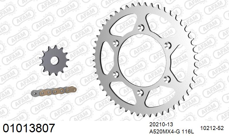 AFAM MX reinforced Chain & Steel Sprocket Kit, 520 (OE Pitch) - Gold 116 link MX reinforced chain, 13T steel/52T Steel sprockets – Honda CR125 2005–2007