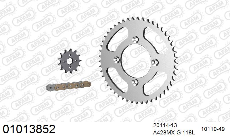 AFAM MX Racing Chain & Steel Sprocket Kit, 428 (OE Pitch) - Gold 118 link MX Racing chain, 13T steel/49T Steel sprockets