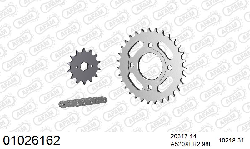 AFAM XS-ring standard Chain & Steel Sprocket Kit, 520 (OE Pitch) - Plain Steel 98 link XS-ring standard chain, 14T steel/31T Steel sprockets