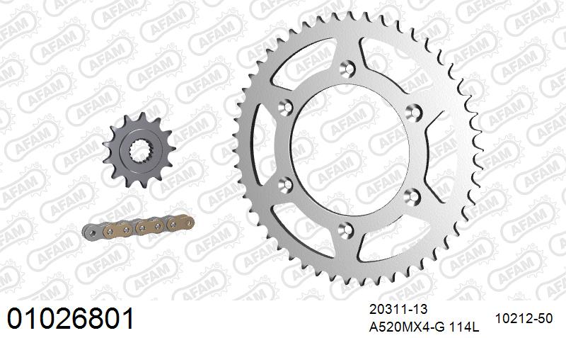 AFAM MX reinforced Chain & Steel Sprocket Kit, 520 (OE Pitch) - Gold 114 link MX reinforced chain, 13T steel/50T Steel sprockets – Honda CR125 2001 / Honda CR250 1996–2004