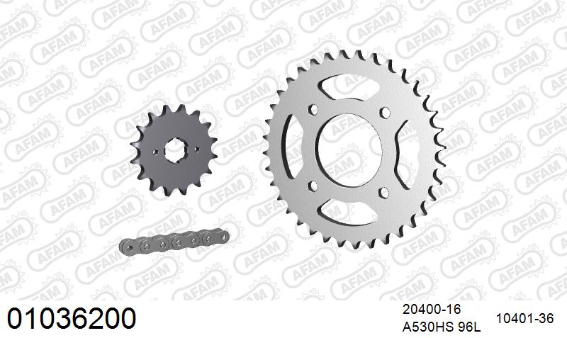 AFAM Reinforced Chain & Steel Sprocket Kit, 530 (OE Pitch) - Plain Steel 96 link Reinforced chain, 16T steel/36T Steel sprockets