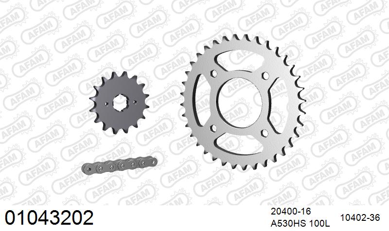 AFAM Reinforced Chain & Steel Sprocket Kit, 530 (OE Pitch) - Plain Steel 100 link Reinforced chain, 16T steel/36T Steel sprockets