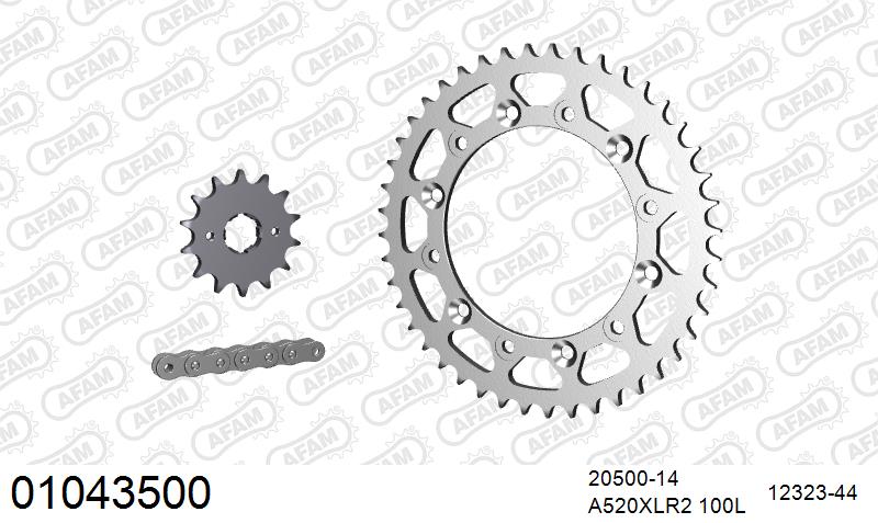 AFAM Xs-Ring Reinforced Plus Chain & Steel Sprocket Kit, 520 (OE Pitch) - Gold 100 link Xs-Ring Reinforced Plus chain, 14T steel/44T Steel s