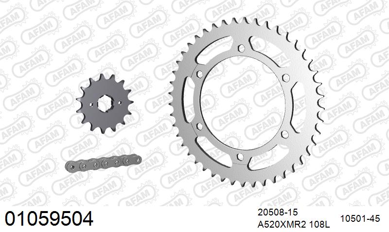 AFAM XS-ring Extra Reinforced Chain & Steel Sprocket Kit, 520 (OE Pitch) - Plain Steel 108 link XS-ring Extra Reinforced chain, 15T steel/45 – Honda NX 500 J 1988 / Honda NX650 Dominator 1988