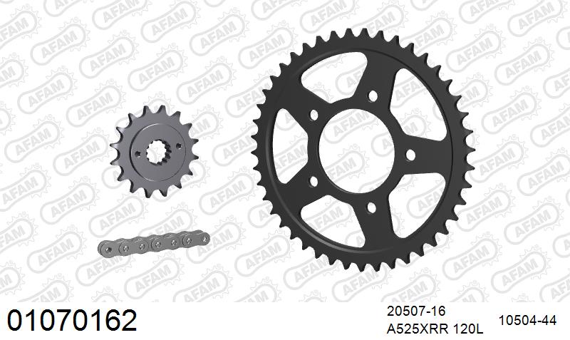 AFAM XS-ring Extra Reinforced Chain & Steel Sprocket Kit, 525 (OE Pitch) - Plain Steel 120 link XS-ring Extra Reinforced chain, 16T steel/44