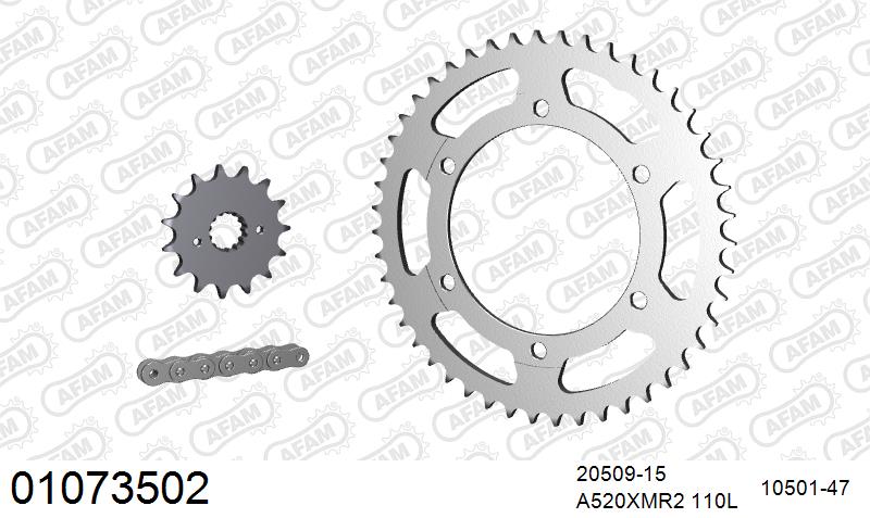 AFAM XS-ring Extra Reinforced Chain & Steel Sprocket Kit, 520 (OE Pitch) - Plain Steel 110 link XS-ring Extra Reinforced chain, 15T steel/47