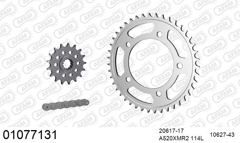 AFAM XS-ring Extra Reinforced Chain & Steel Sprocket Kit, 520 (OE Pitch) - Plain Steel 114 link XS-ring Extra Reinforced chain, 17T steel/43