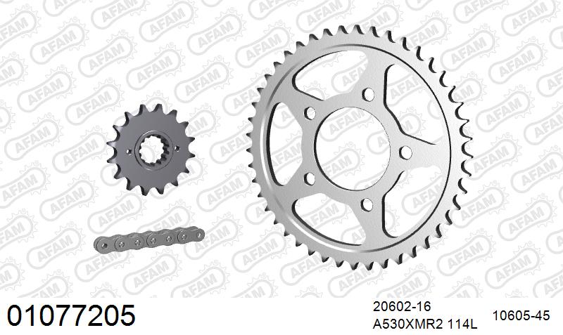 AFAM XS-ring Extra Reinforced Chain & Steel Sprocket Kit, 530 (OE Pitch) - Plain Steel 114 link XS-ring Extra Reinforced chain, 16T steel/45