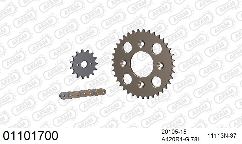 AFAM Reinforced Chain & Alu Sprocket Kit, 420 (OE Pitch) - Gold 78 link Reinforced chain, 14T steel/37T Alu sprockets