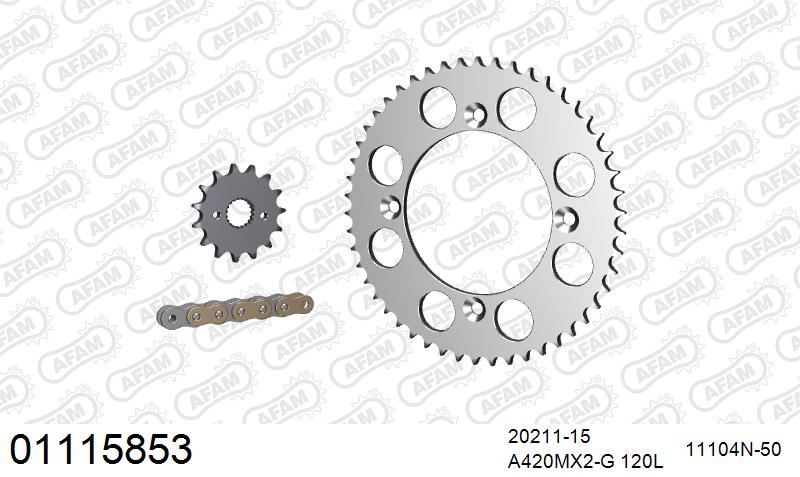 AFAM MX Racing Chain & Alu Sprocket Kit, 420 (OE Pitch) - Gold 120 link MX Racing chain, 15T steel/50T Alu sprockets