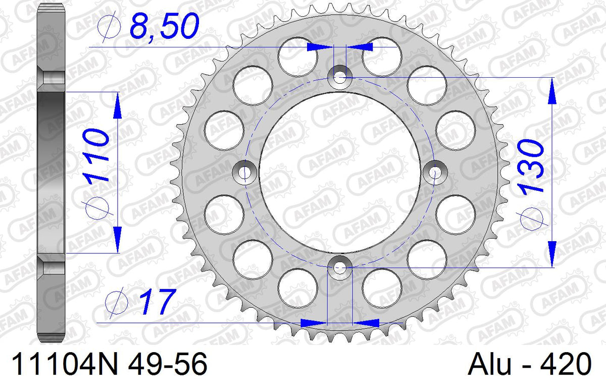 AFAM MX Racing Chain & Alu Sprocket Kit, 420 (OE Pitch) - Gold 120 link MX Racing chain, 15T steel/50T Alu sprockets