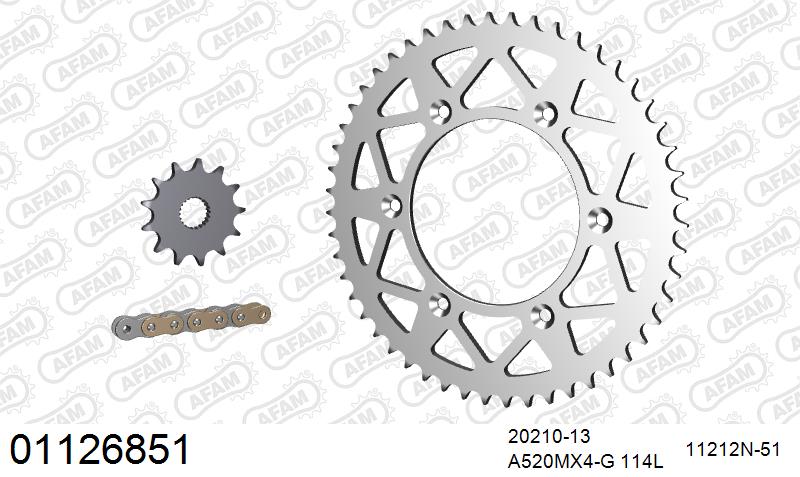 AFAM MX Racing GP Chain & Alu Sprocket Kit, 520 (OE Pitch) - Gold 114 link MX Racing GP chain, 13T steel/51T Alu sprockets – Honda CRF250R / RX 2004–2009