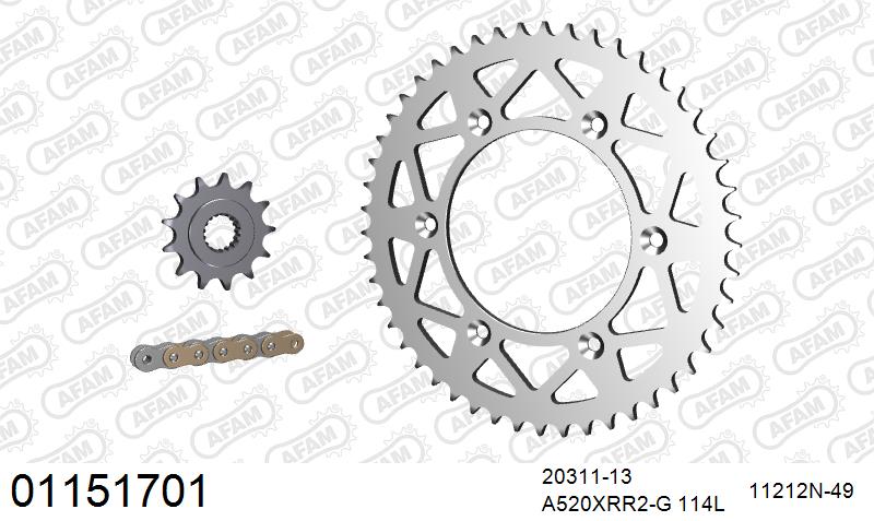 AFAM Xs-Ring Reinforced Plus Chain & Alu Sprocket Kit, 520 (OE Pitch) - Gold 114 link Xs-Ring Reinforced Plus chain, 13T steel/50T Alu sproc – Honda CRF250R / RX (2022) 2022–2026 / Honda CRF450R / RX 2002–2026