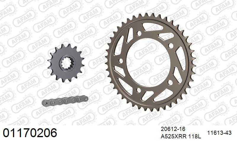AFAM XS-ring Extra Reinforced Chain & Alu Sprocket Kit, 525 (OE Pitch) - Plain Steel 118 link XS-ring Extra Reinforced chain, 16T steel/43T