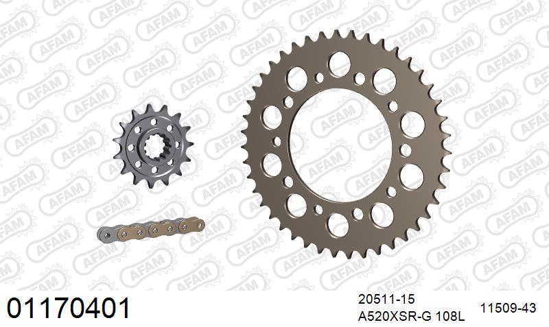 AFAM XS-ring super reinforced Chain & Alu Sprocket Kit, 520 conversion - Gold 108 link XS-ring super reinforced chain, 15T steel/43T Alu spr – Honda CBR600F 1991–1996