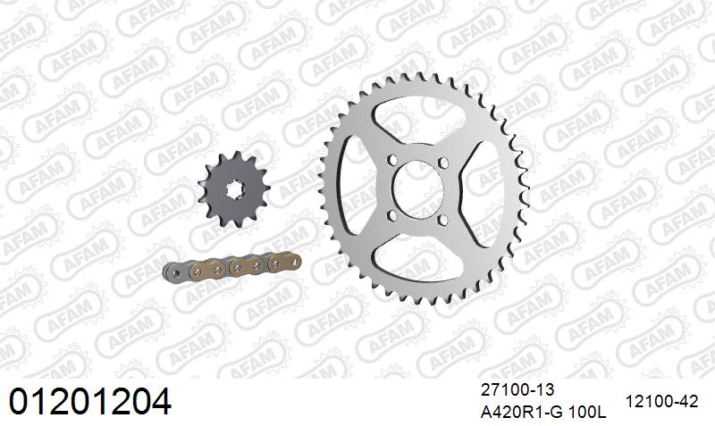 AFAM Reinforced Chain & Steel Sprocket Kit, 420 (OE Pitch) - Gold 100 link Reinforced chain, 13T steel/42T Steel sprockets
