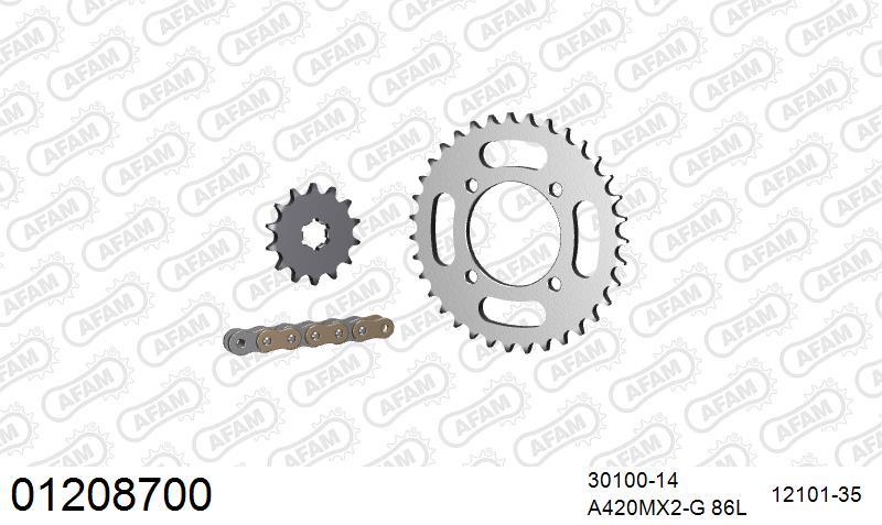 AFAM MX Racing Chain & Steel Sprocket Kit, 420 (OE Pitch) - Gold 86 link MX Racing chain, 14T steel/35T Steel sprockets