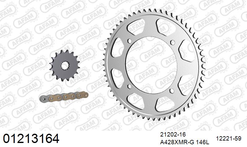 AFAM Xs-Ring Reinforced Chain & Steel Sprocket Kit, 428 (OE Pitch) - Gold 146 link Xs-Ring Reinforced chain, 16T steel/59T Steel sprockets
