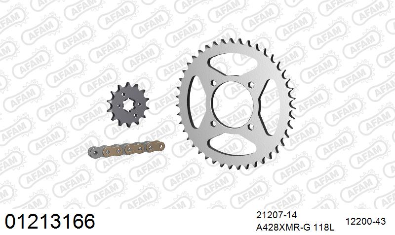 AFAM Xs-Ring Reinforced Chain & Steel Sprocket Kit, 428 (OE Pitch) - Gold 118 link Xs-Ring Reinforced chain, 14T steel/43T Steel sprockets