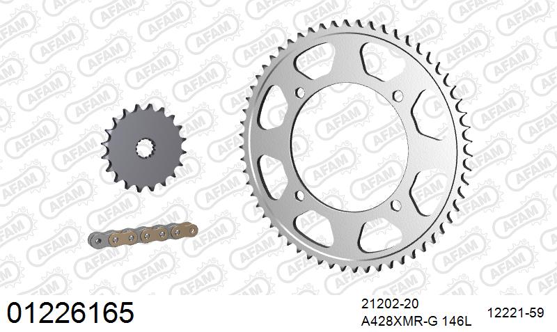 AFAM Xs-Ring Reinforced Chain & Steel Sprocket Kit, 428 (OE Pitch) - Gold 146 link Xs-Ring Reinforced chain, 20T steel/59T Steel sprockets