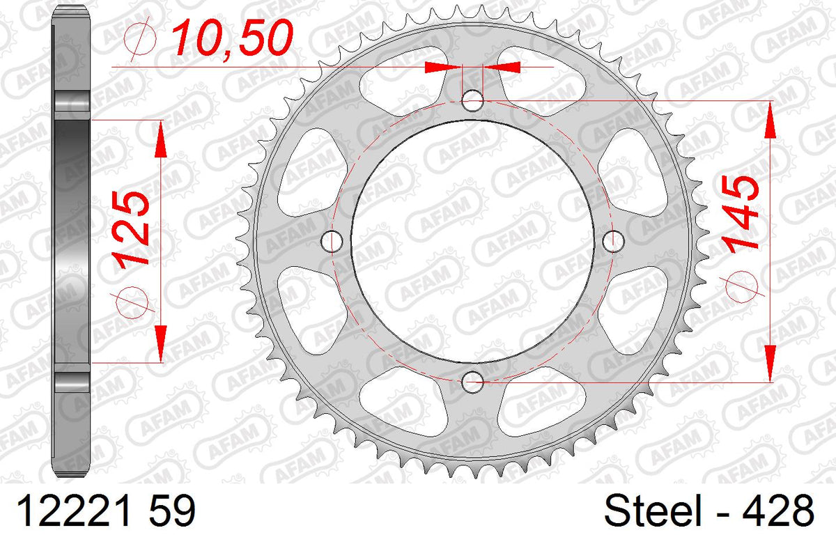 AFAM Xs-Ring Reinforced Chain & Steel Sprocket Kit, 428 (OE Pitch) - Gold 146 link Xs-Ring Reinforced chain, 20T steel/59T Steel sprockets
