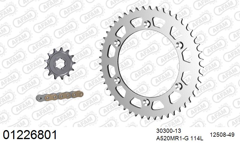 AFAM MX reinforced Chain & Steel Sprocket Kit, 520 (OE Pitch) - Gold 114 link MX reinforced chain, 13T steel/49T Steel sprockets – Yamaha YZ250 / 400 / 426 1996–1997