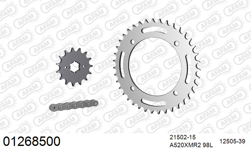 AFAM Xs-Ring Reinforced Plus Chain & Steel Sprocket Kit, 520 (OE Pitch) - Gold 98 link Xs-Ring Reinforced Plus chain, 15T steel/39T Steel sp