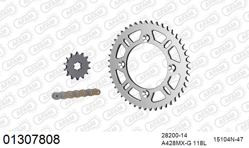 AFAM MX Racing Chain & Alu Sprocket Kit, 428 (OE Pitch) - Gold 118 link MX Racing chain, 14T steel/47T Alu sprockets
