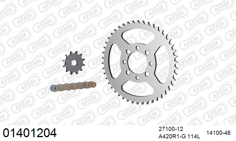 AFAM Reinforced Chain & Steel Sprocket Kit, 420 (OE Pitch) - Gold 114 link Reinforced chain, 12T steel/46T Steel sprockets
