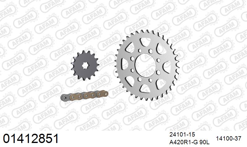 AFAM Reinforced Chain & Steel Sprocket Kit, 420 (OE Pitch) - Gold 90 link Reinforced chain, 15T steel/37T Steel sprockets