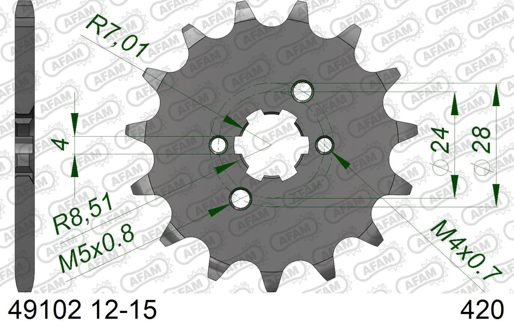 AFAM Reinforced Chain & Steel Sprocket Kit, 420 (OE Pitch) - Gold 90 link Reinforced chain, 15T steel/37T Steel sprockets