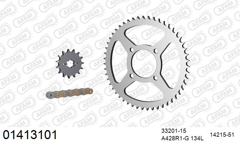 AFAM Reinforced Chain & Steel Sprocket Kit, 428 (OE Pitch) - Gold 134 link Reinforced chain, 15T steel/51T Steel sprockets – Suzuki RV125 Van Van 2003–2006