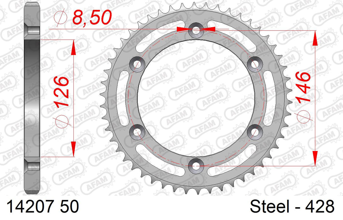 AFAM Reinforced Chain & Steel Sprocket Kit, 428 (OE Pitch) - Gold 130 link Reinforced chain, 16T steel/50T Steel sprockets – Suzuki DR125 SM 2009–2013