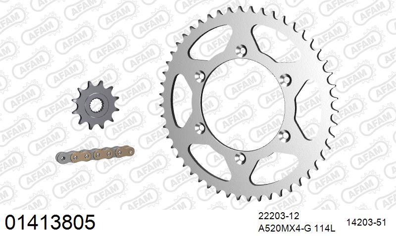 AFAM MX reinforced Chain & Steel Sprocket Kit, 520 (OE Pitch) - Gold 114 link MX reinforced chain, 12T steel/51T Steel sprockets