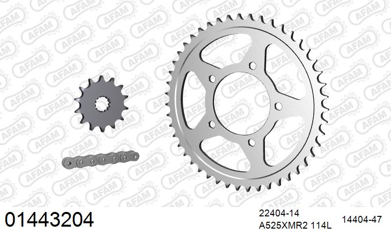 AFAM XS-ring Extra Reinforced Chain & Steel Sprocket Kit, 525 (OE Pitch) - Plain Steel 114 link XS-ring Extra Reinforced chain, 14T steel/47
