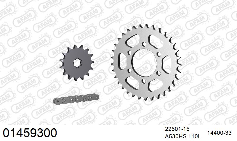 AFAM Reinforced Chain & Steel Sprocket Kit, 530 (OE Pitch) - Plain Steel 110 link Reinforced chain, 15T steel/33T Steel sprockets