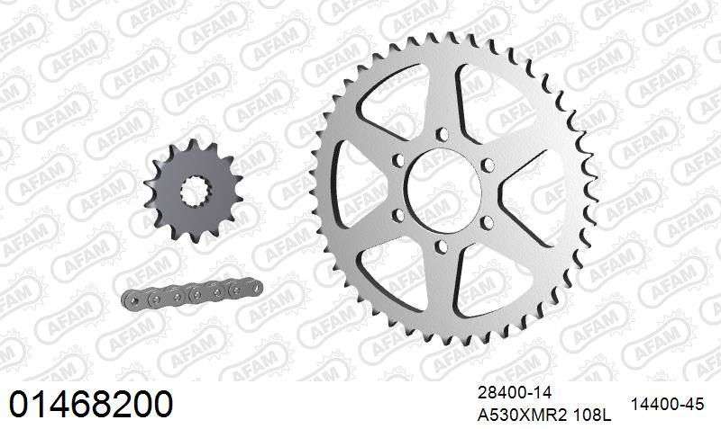 AFAM XS-ring Extra Reinforced Chain & Steel Sprocket Kit, 530 (OE Pitch) - Plain Steel 108 link XS-ring Extra Reinforced chain, 14T steel/45