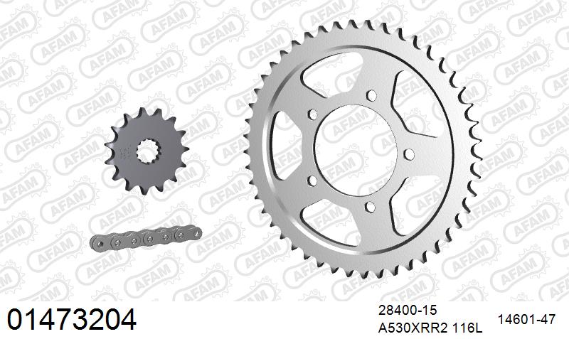 AFAM XS-ring Extra Reinforced Chain & Steel Sprocket Kit, 530 (OE Pitch) - Plain Steel 116 link XS-ring Extra Reinforced chain, 15T steel/47