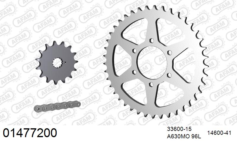 AFAM O-ring reinforced Chain & Steel Sprocket Kit, 630 (OE Pitch) - Plain Steel 96 link O-ring reinforced chain, 15T steel/41T Steel sprocke – Suzuki GS750 1977–1979