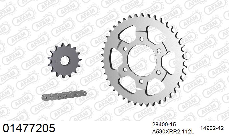 AFAM XS-ring Extra Reinforced Chain & Steel Sprocket Kit, 530 (OE Pitch) - Plain Steel 112 link XS-ring Extra Reinforced chain, 15T steel/42