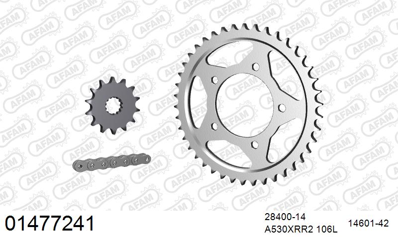 AFAM XS-ring Extra Reinforced Chain & Steel Sprocket Kit, 530 (OE Pitch) - Plain Steel 106 link XS-ring Extra Reinforced chain, 14T steel/42