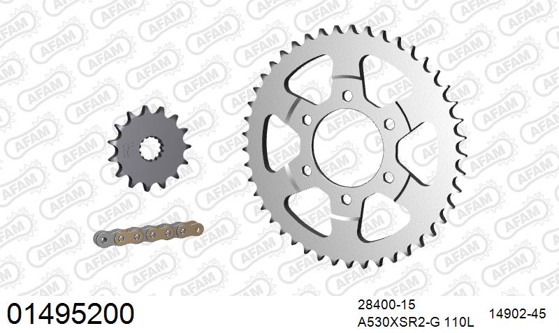 AFAM XS-ring super reinforced Chain & Steel Sprocket Kit, 530 (OE Pitch) - Gold 110 link XS-ring super reinforced chain, 15T steel/45T Steel
