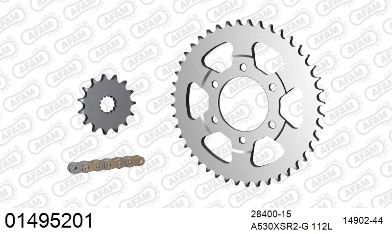 AFAM XS-ring super reinforced Chain & Steel Sprocket Kit, 530 (OE Pitch) - Gold 112 link XS-ring super reinforced chain, 15T steel/44T Steel
