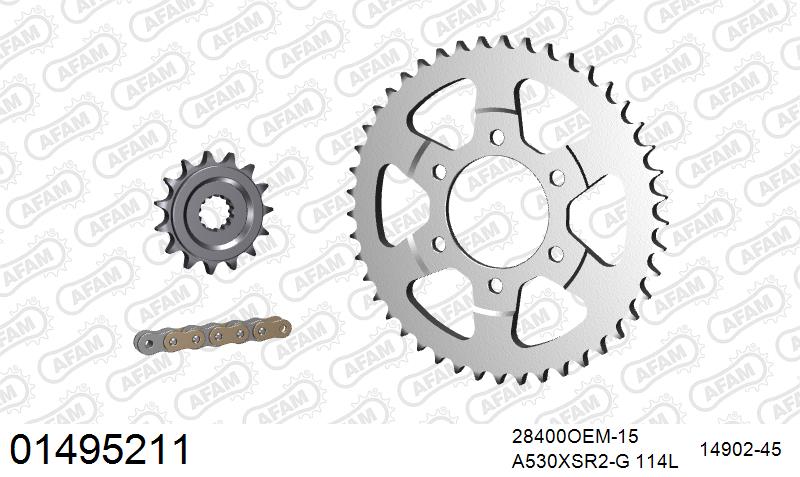 AFAM XS-ring super reinforced Chain & Rubber Damped Steel Sprocket Kit, 530 (OE Pitch) - Gold 114 link XS-ring super reinforced chain, 15T R