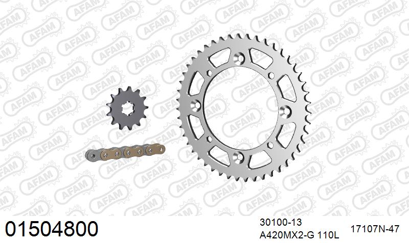 AFAM MX Racing Chain & Alu Sprocket Kit, 420 (OE Pitch) - Gold 110 link MX Racing chain, 13T steel/47T Alu sprockets