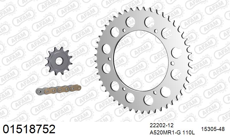 AFAM MX reinforced Chain & Alu Sprocket Kit, 520 (OE Pitch) - Gold 110 link MX reinforced chain, 12T steel/48T Alu sprockets – Suzuki PE175 1983–1984